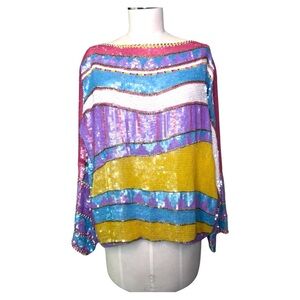 Vintage‎ Judith Ann Creations 💯 Silk Blouse with Abstract Pastel Color Sequins.